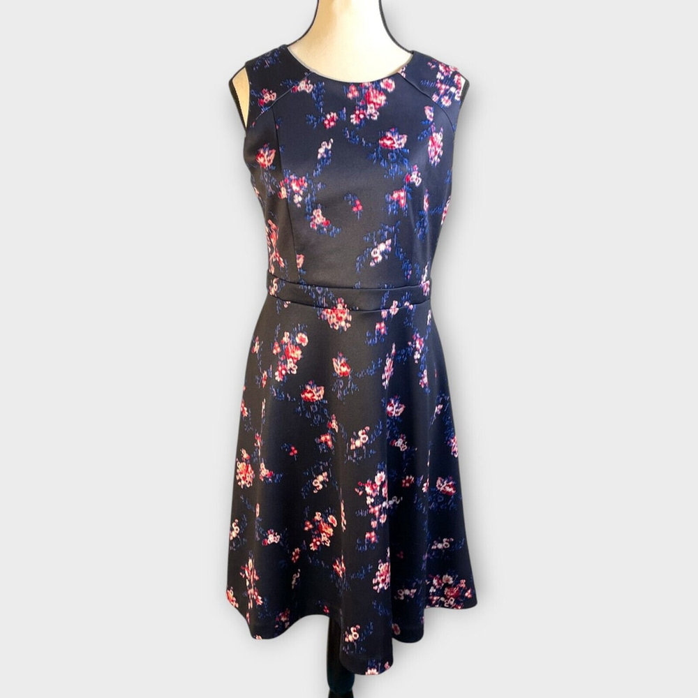 🦜 ROZ & ALI Fit and Flair Dress 6 Dark Navy Pink Flowers Sleeveless Floral